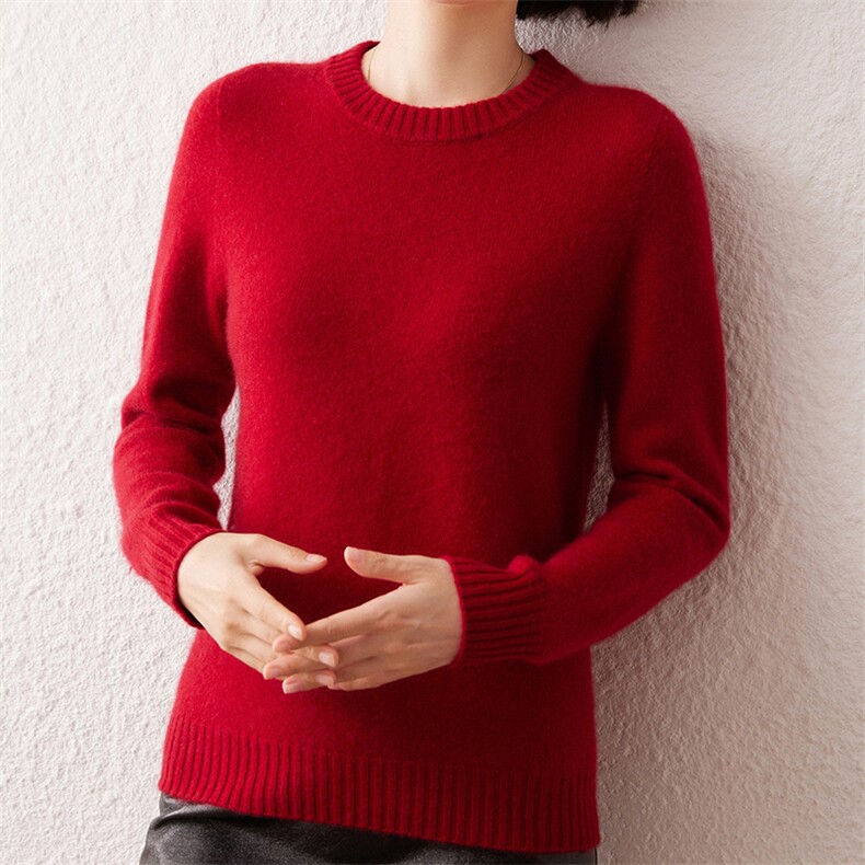 2024秋季新款女士圆领长袖35%羊绒衫复古休闲,女装羊绒衫,雪真羊绒高端店