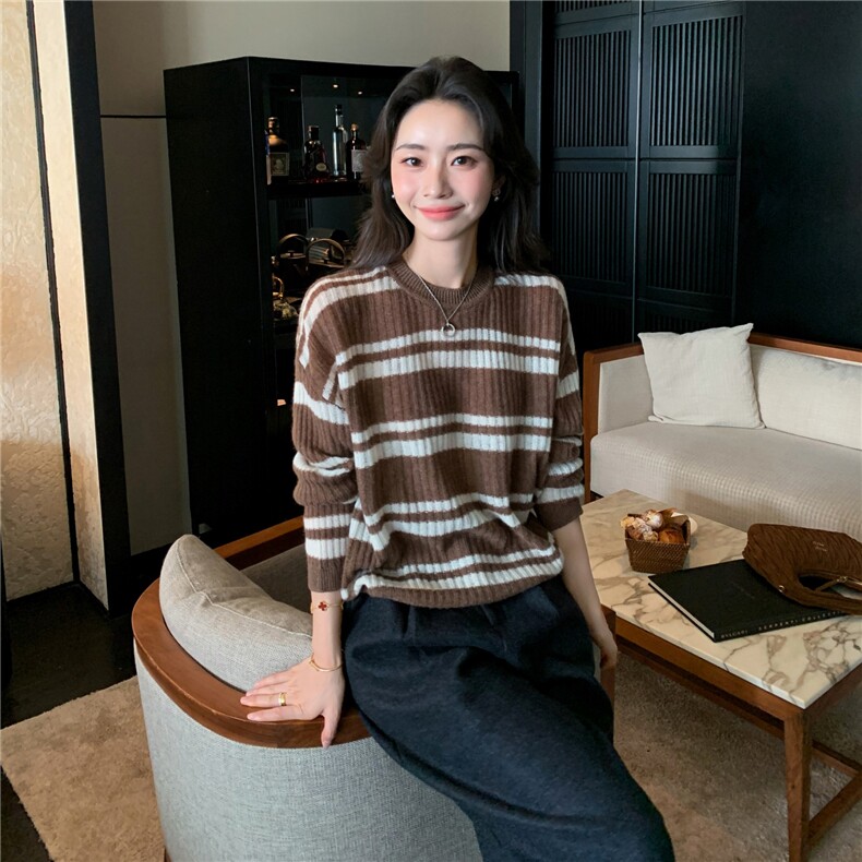 2025秋冬百搭时尚简约圆领长条长袖羊绒,女装羊绒衫,玛卡隆羊绒
