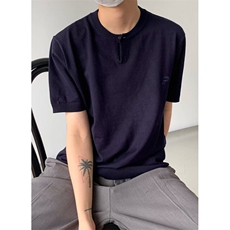 韩版设计感亨利领领短袖针织衫男复古合身刺绣短袖上衣T301，男装T恤，星座1116A（原606A-3）