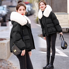 现货2023年棉衣短款加厚宽松流行纯色气质大毛领时尚潮棉衣，女装棉衣/棉服，伊仟回