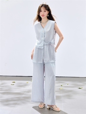 夏季新款现货！2026休闲风阔版拼接小垫肩上衣+松紧腰阔腿裤套装，女装套装/套裙，宝儿家