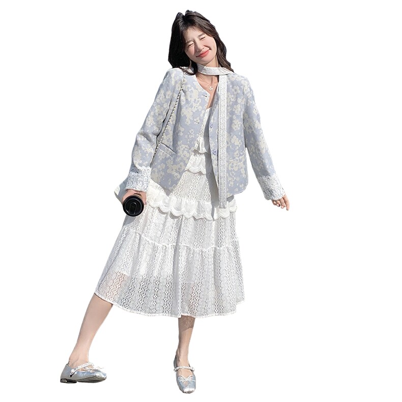 蓝色新中式提花外套女2025春秋新款国风上衣显瘦吊带连衣裙两件套,女装短外套,2C292