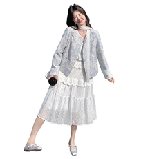 蓝色新中式提花外套女2025春秋新款国风上衣显瘦吊带连衣裙两件套，女装短外套，2C292