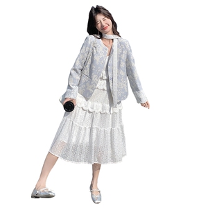 蓝色新中式提花外套女2025春秋新款国风上衣显瘦吊带连衣裙两件套图片