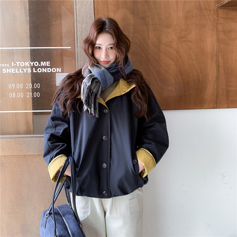【现货发】冬款加绒加厚撞色连帽外套女风刺绣保暖女装,女装短外套,2C238