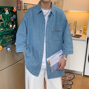 1港风金属装饰情侣七分袖衬衫男大码中性潮衬衫QCS7078P50控69图片