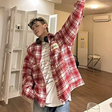 秋冬季美式复古格子衬衫男生秋冬款高街翻领长袖衬衣潮牌大码外套，男装衬衫，星座218-8