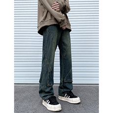 B221美式ins高街暗黑拼接直筒工装牛仔裤LK24147-P70控98，男装牛仔裤，电商B221
