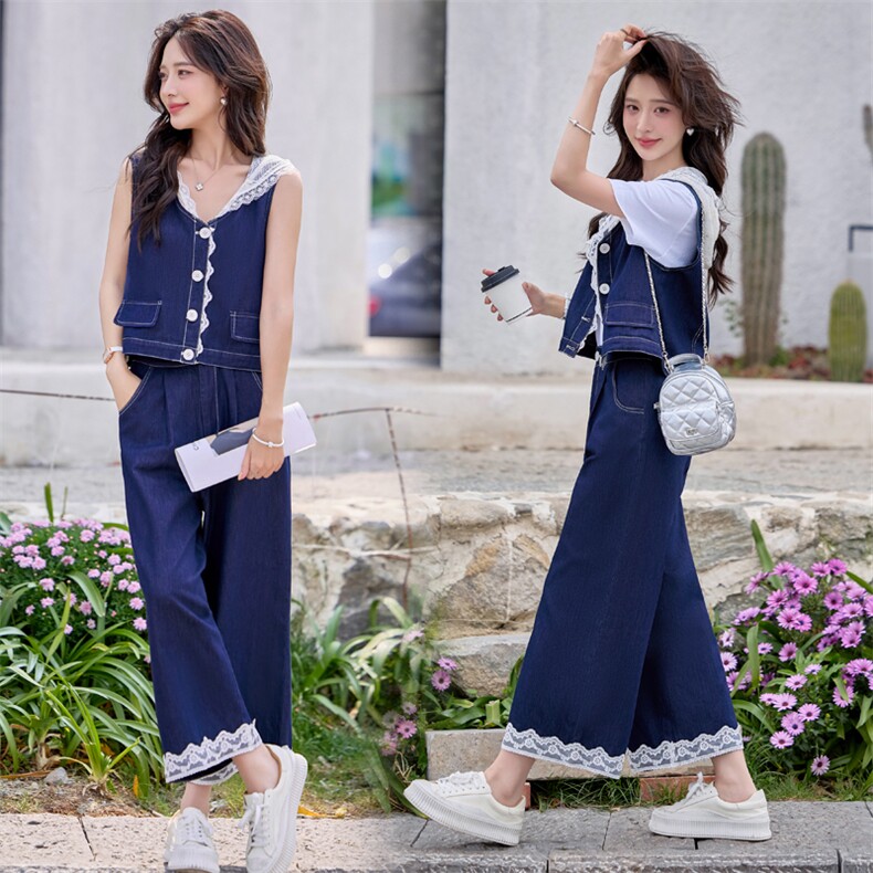 洋气百搭牛仔连帽拼接蕾丝阔腿裤套装女夏季新款三件套装裤，女装套装/套裙，韩蔻秀