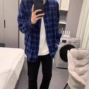 潮牌春秋季日系磨毛男生衬衫格子蓝色复古休闲衬衣男士宽松长袖潮图片