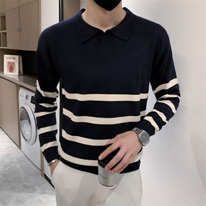 社会小伙秋冬翻领毛衣男韩版修身条纹撞色针织衫长袖POLO衫 S528图片