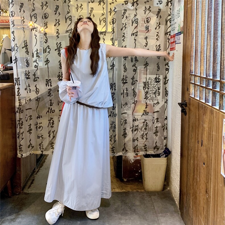 蓝色韩版气质百搭显瘦无袖上衣半身裙两件套装女学院风一整套,女装套装/套裙,维壹