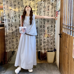 蓝色韩版气质百搭显瘦无袖上衣半身裙两件套装女学院风一整套图片