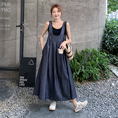 小众设计感牛仔背带裙套装女2025夏季新款黑色无袖背心长裙两件套，女装套装/套裙，2C332