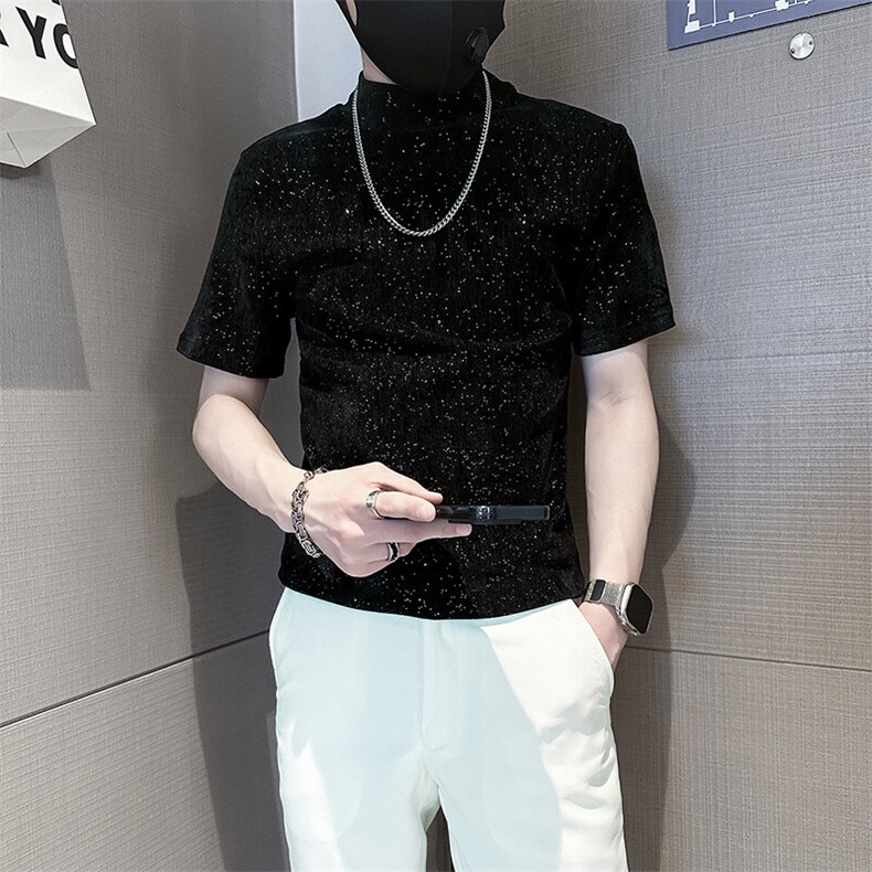 半高领T恤男短袖修身打底衫满天星烫钻社会小伙301C-DT75-P58,男装T恤,星座301C（原B323）