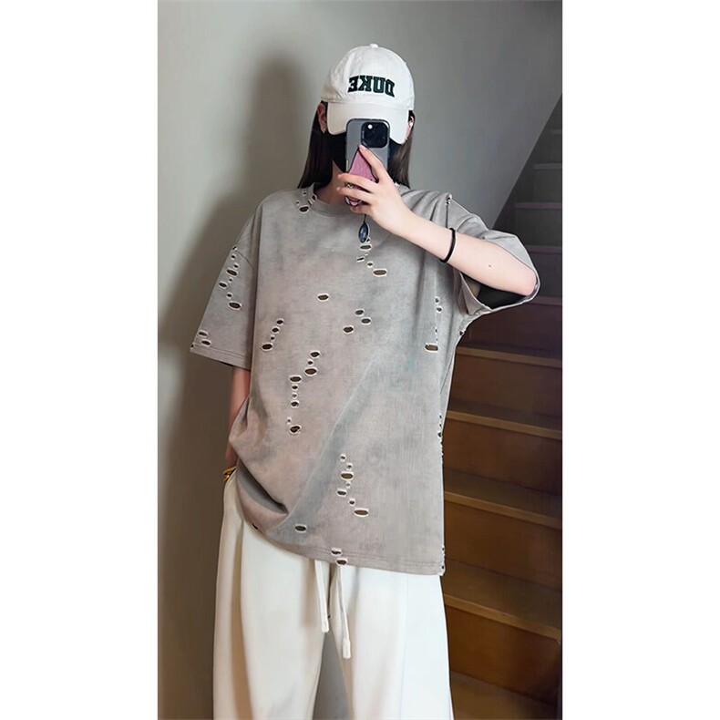 美式破洞短袖T恤男夏季潮牌半袖衣服宽松重磅体恤衫T3650-特价P33,男装T恤,电商A007