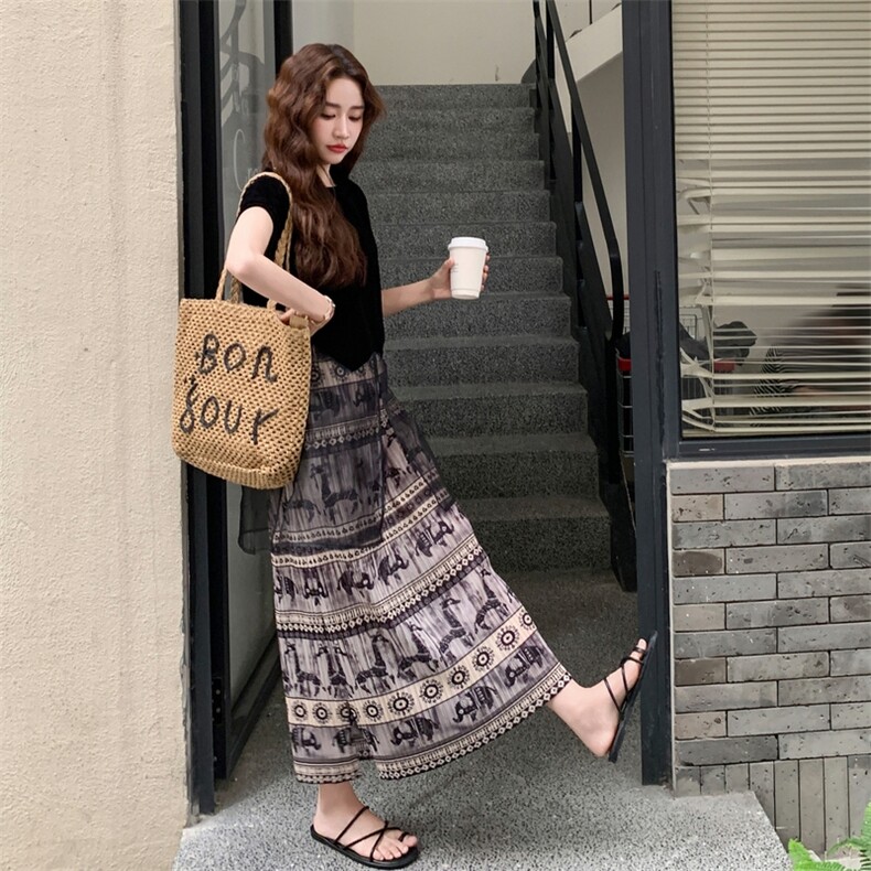 轻熟风韩系网纱短袖上衣套装女夏季新款休闲显瘦印花半身裙两件套,女装套装/套裙,2C170