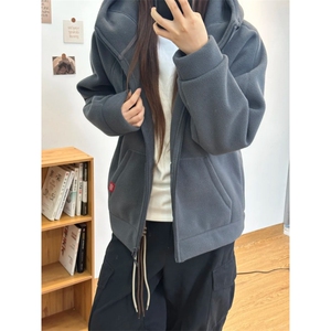 摇粒绒连帽拉链卫衣外套1302-GS02-P55成分100聚酯纤维,米白色的面包服搭配图片