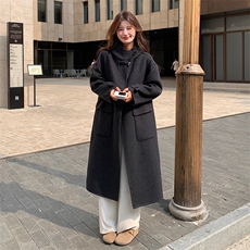 灰色毛呢大衣女2024新款复古宽松加厚翻领温柔韩系双面呢冬季外套，女装毛呢外套，2C316