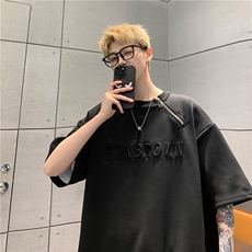 港风单侧金属拉链钢印潮流短袖T恤男DT77784P45控59：供抖音视频，男装T恤，星座227-7