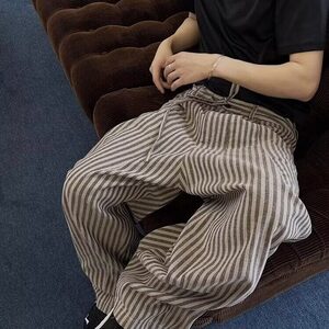 美式复古慵懒松弛竖条纹拖地裤男女港风休闲宽松百搭直筒阔腿裤图片