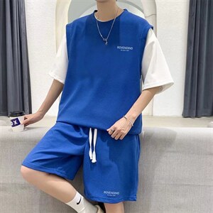 2022华夫格假两件短袖套装男薄款潮流半袖短裤T恤一套 T1151-P45图片