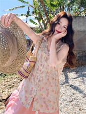 夏日少女风套装2026新款韩式碎花木耳边背心宽松阔腿裤两件套裤，女装套装/套裙，冬木谷雨