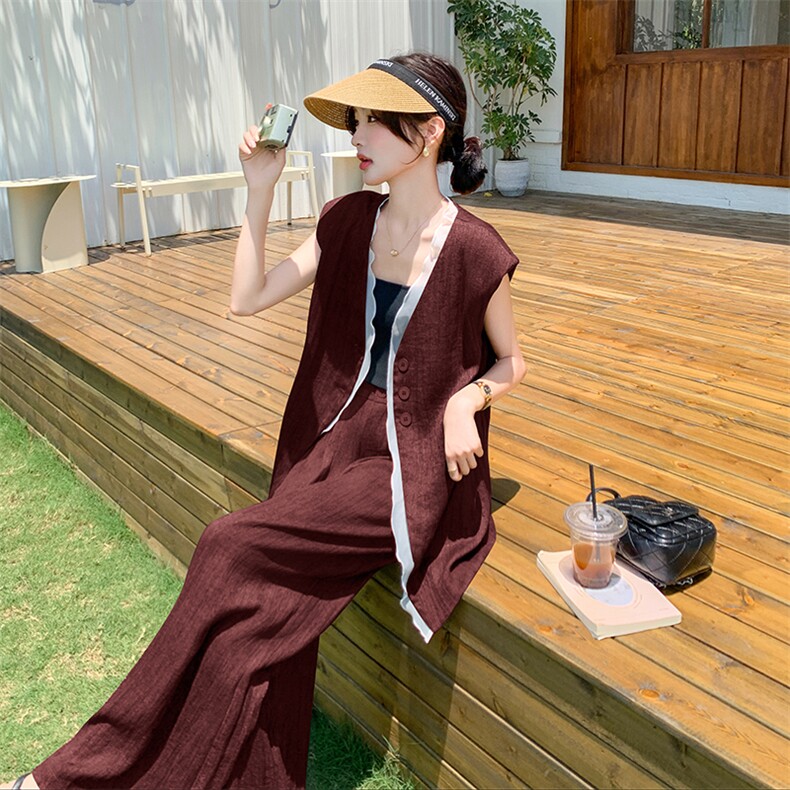 【新品现货】荷叶边无袖马甲阔腿裤扎染棉麻套装F555-P165-K228,女装套装/套裙,2C255