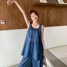 慵懒风宽松吊带上衣拖地阔腿裤套装女2025夏季新款简约休闲两件套，女装套装/套裙，浙宝305