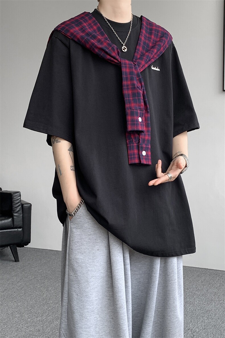 8XL-M潮情侣美式拼接打结格子假两件短袖宽松纯棉T恤男DX338,男装T恤,电商D206-1