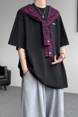 8XL-M潮情侣美式拼接打结格子假两件短袖宽松纯棉T恤男DX338，男装T恤，电商D206-1