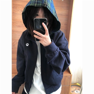 5501-P45潮宽松刺绣格纹拼接拉链连帽卫衣图片