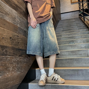复古水洗做旧新款美式复古直筒阔腿牛仔裤短裤男图片