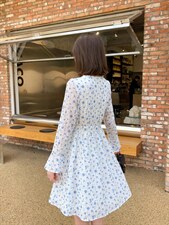 V领清新小碎花甜美可爱气质修身收腰显瘦刺绣短款连衣裙，女装连衣裙，荷塘月色