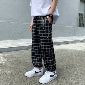 2023夏韩ins潮流带链条男士直筒裤格子休闲裤宽松九分裤 K607-P32图片