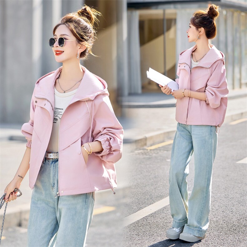 粉色多巴胺短外套女2025新款春装休闲小个子宽松夹克漂亮连帽上衣，女装风衣，靓星雨
