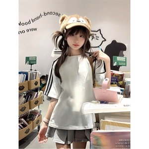 抖音得物高品质二开240克宽松纯棉美式潮牌三条杠织带短袖T恤图片