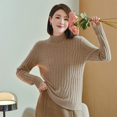 女士秋冬季简约百搭纯色抽条半高领羊毛衫，女装羊毛衫，宋氏羊绒