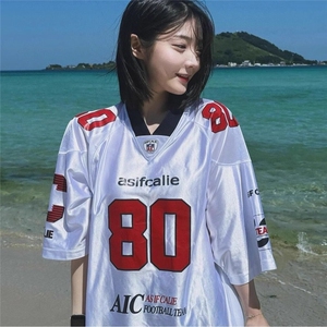 T194-P36 夏季新款设计感小众美式复古印花宽松短袖球衣T恤图片