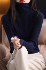 秋冬堆堆高领羊毛衫女针织打底衫长袖纯色坑条毛衣内搭上衣套头，女装羊毛衫，朝思羊绒