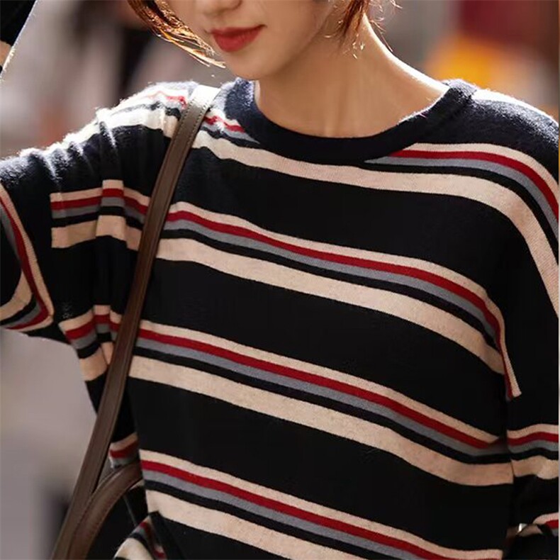 时尚潮流气质百搭女士拼色条纹精纺羊毛衫,针织衫/毛衣,唯若美羊绒