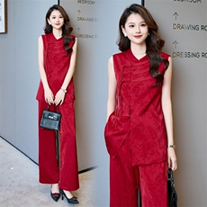 2025春新中式气质复古盘扣改良提花时尚洋气阔腿裤两件套女，女装套装/套裙，火爆靓佳人