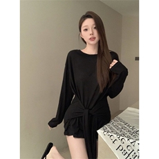 美式长袖t恤女秋季露肩绑带辣妹斜肩体恤宽松显瘦设计感黑色上衣，男装T恤，星座506A