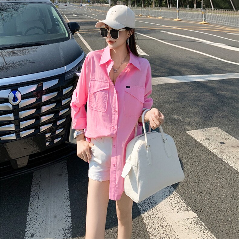 女款春季新款设计感纯色翻领百搭单排扣宽松时尚简约小个子衬衣潮,女装衬衫,2C310