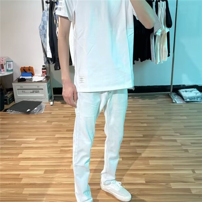 浅灰色字母印花牛仔阔腿裤男春款高腰炸街直筒休闲小脚裤,男装休闲裤,星座506A