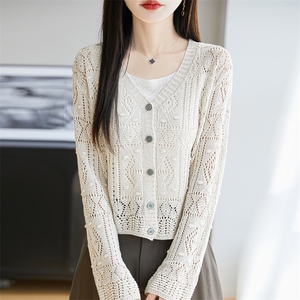 镂空针织开衫长袖短外套防晒女2025夏V领亚麻小个子空调罩衫上衣图片