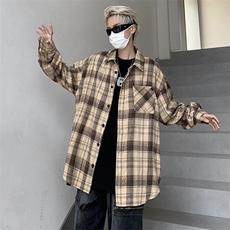 港风秋款男长袖衬衫格子条纹工装休闲外套CS4525P40，男装衬衫，星座1013-1