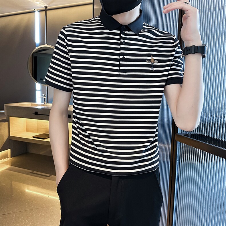 2025夏季经典条纹大码短袖T恤翻领Polo衫T08-P45,男装T恤,电商D342