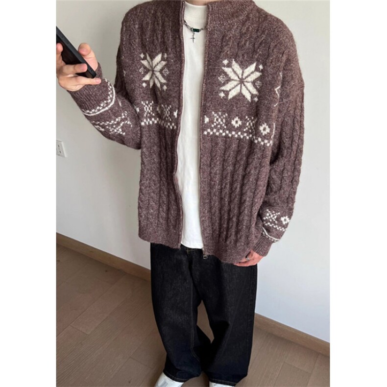 费尔岛菱格提花开衫毛衣男女羊毛混纺针织拉链外套M651,男装针织衫/毛衣,星座1116A（原606A-3）