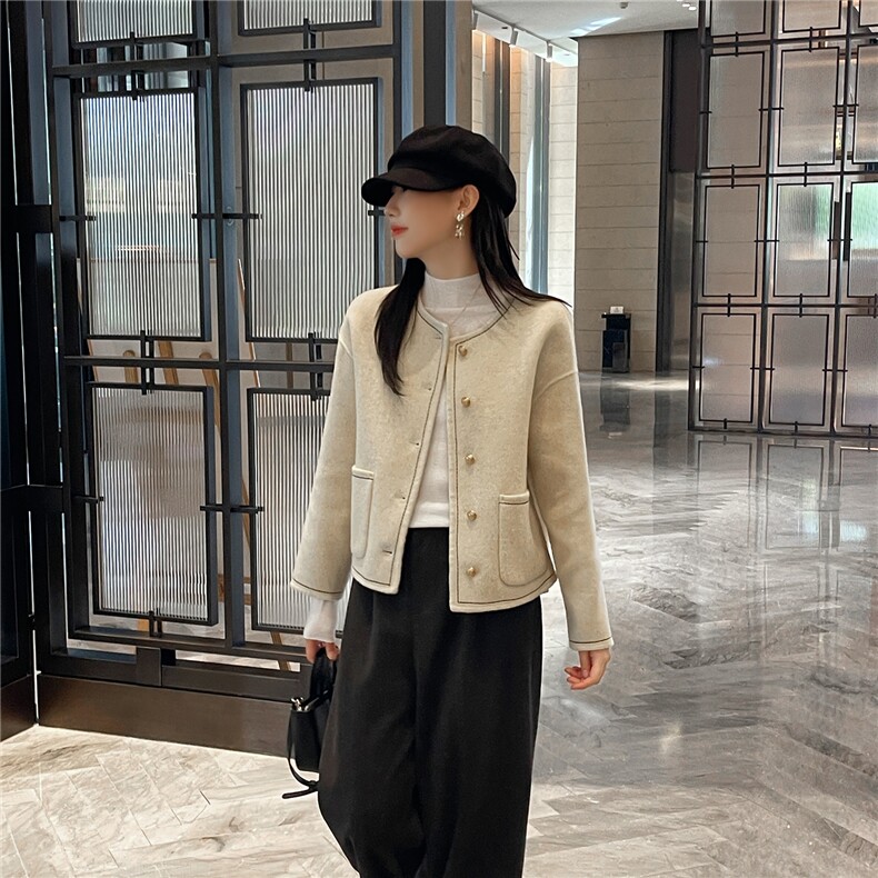 2025年秋季新款百搭女士带兜系扣圆领羊毛开衫，女装羊毛衫，召鑫羊绒双面呢